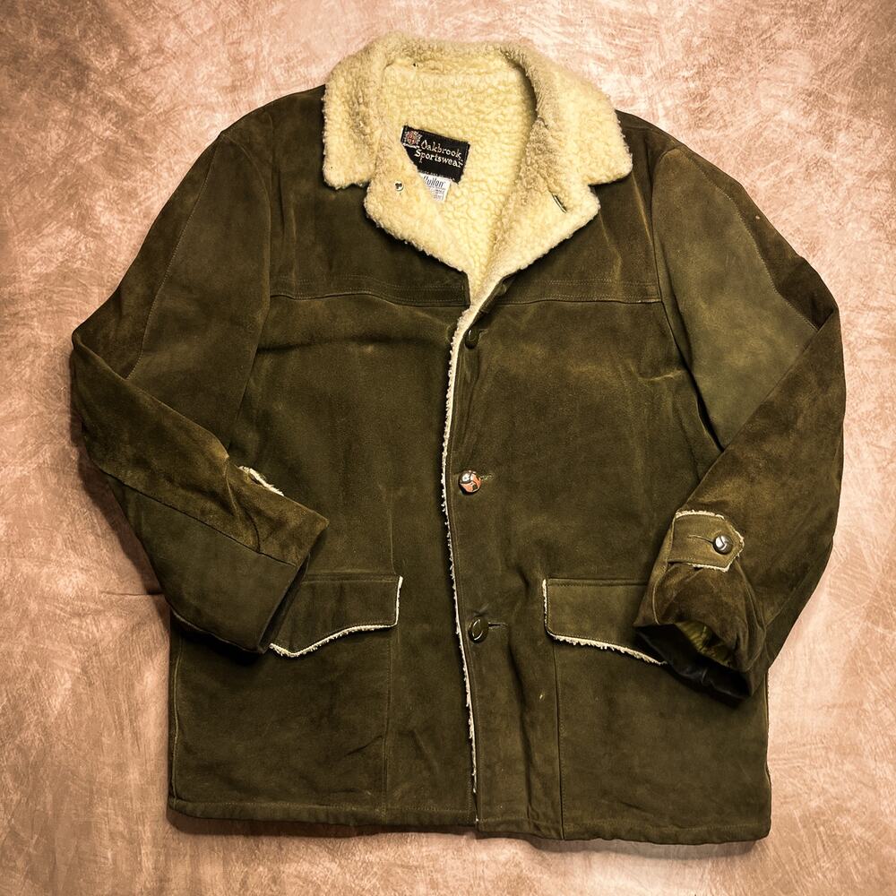 Vintage 70s Oakbrook Sportswear Suede Leather Coat Sherpa Trim Lining Green